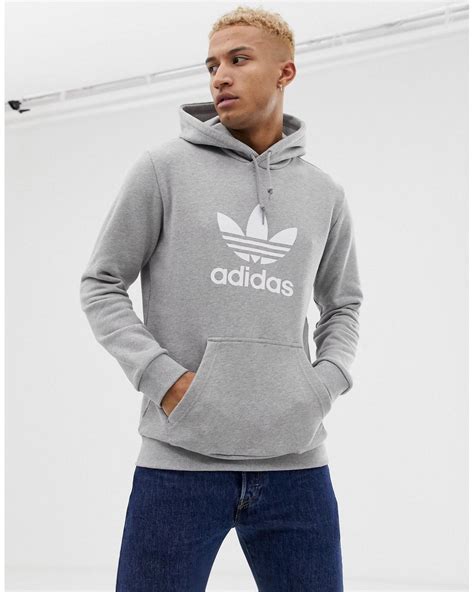 adidas Originals Cotton Hoodie With Trefoil Logo in Grey (Gray) for Men ...