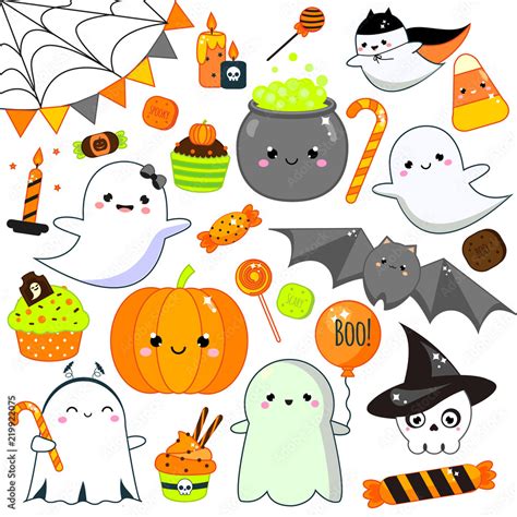 Halloween stickers, patches, badges. Cute pumpkin, ghosts, bat and other holiday symbols in ...