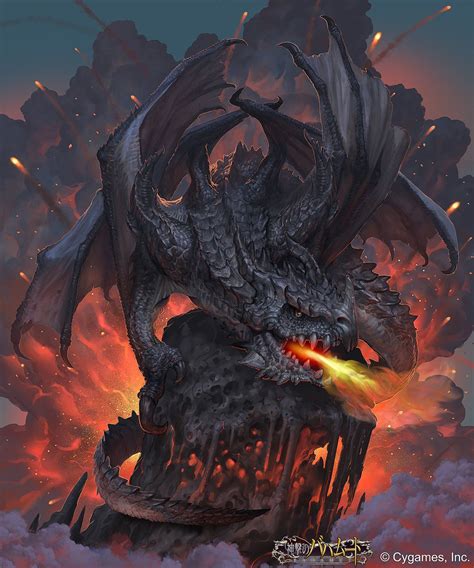 a painting of a dragon on top of a pile of rocks with fire coming out of it