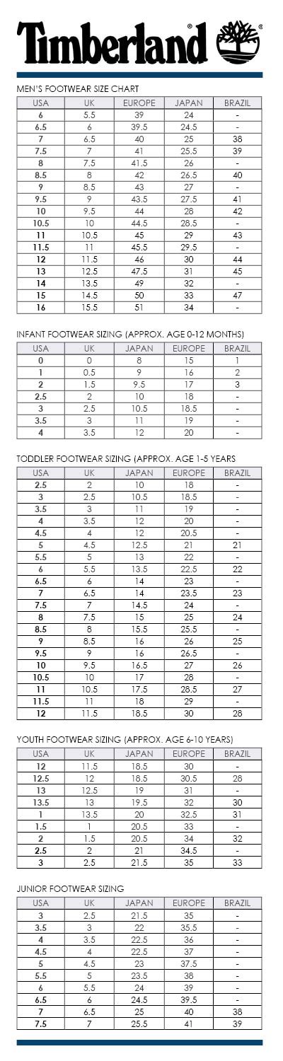 Timberland Shoe Chart