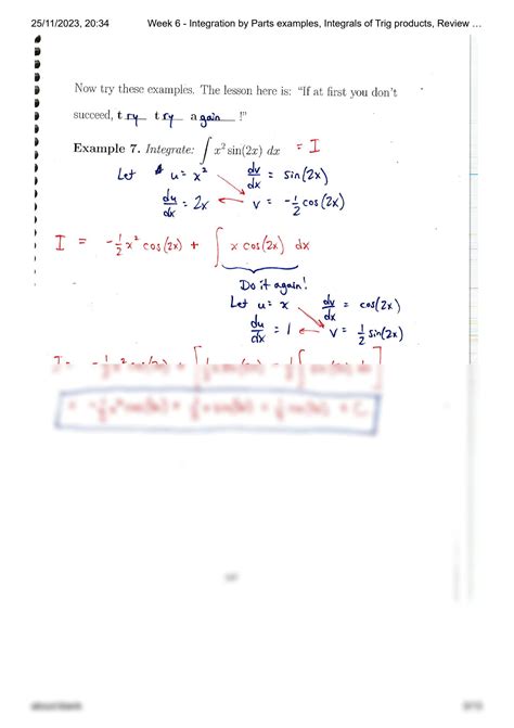 SOLUTION: Week 6 integration by parts examples integrals of trig products review of substitution ...