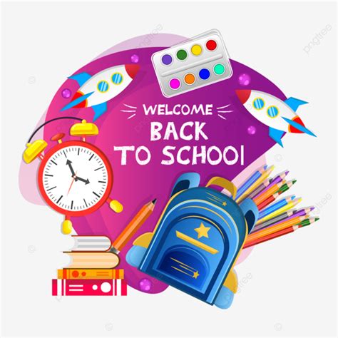 Isolated Gradient Banner Welcome Back To School 2023 With Supplies Bag Pencils And Alarm Clock ...