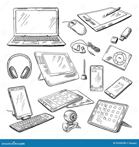 Different Computer Gadgets. Doodle Vector Illustrations Isolate on ...