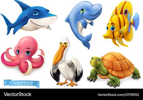 Funny sea animals and fishes 3d icon set Vector Image