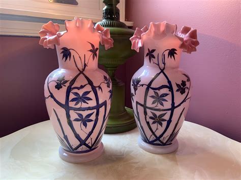 Bristol Opaline Glass Pink Vases, Ruffled Pair, Victorian Era, 1800s ...