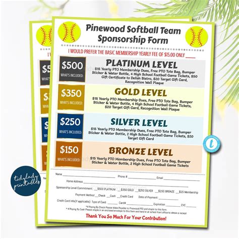 Softball Sponsorship Form, Sponsorship Membership Donation Signup Printable Handout, Team School ...