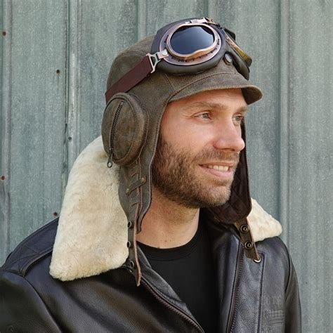 Leather Aviator Helmet | Vintage Brown Leather Pilot Hat With Goggles ...