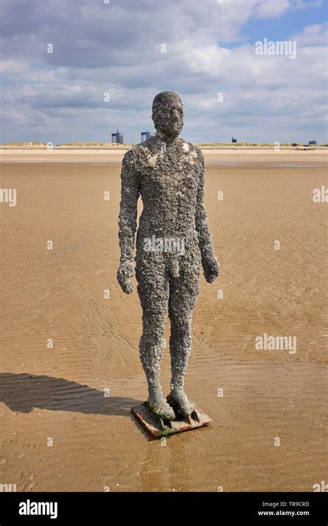 One of Anthony Gormley’s statues ‘Another Time’ set into the sand at Crosby beach, Merseyside ...