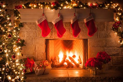 Christmas Stockings Fireplace Tree And Decorations Stock Photo ...