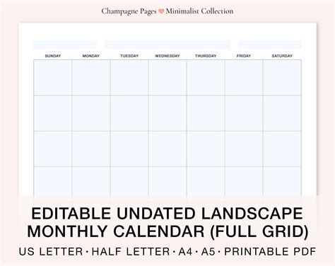 Landscape Editable/fillable Blank Monthly Calendar, Horizontal Undated ...