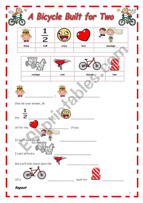 A BICYCLE BUILT FOR TWO - song - ESL worksheet by blizzard1