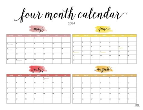 2024 Four Month Calendars - 18 FREE Printables | Printabulls