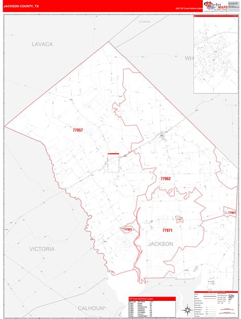 Jackson County, TX Zip Code Wall Map Red Line Style by MarketMAPS