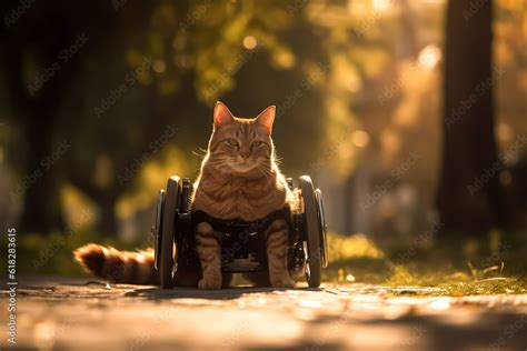 Handicapped cat in wheelchair at park, pet disabled walk in summer day. Generation AI Stock ...