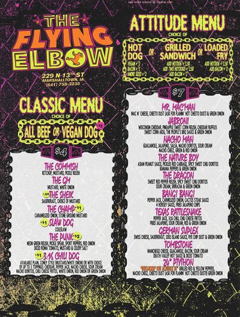 Menu at The Flying Elbow restaurant, Marshalltown, 229 N 13th St