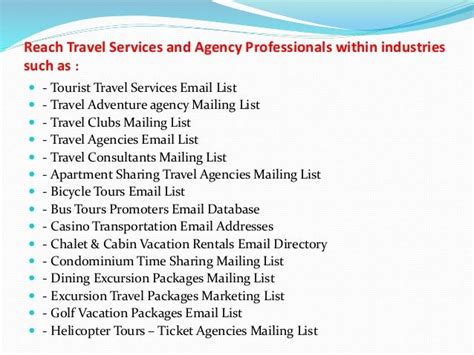 Travel services and agencies mailing list