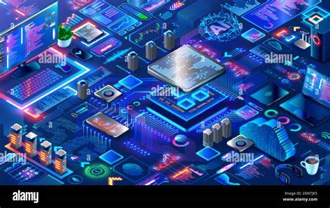 Hardware and software computer technology background. Isometric ...