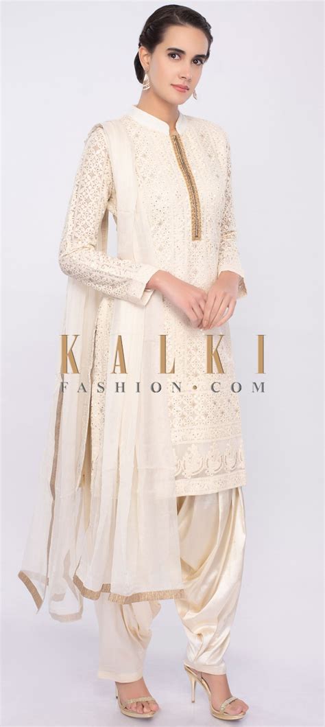 Off White Salwar Suit With Chikan Embroidery Online - Kalki Fashion | Anarkali dress pattern ...