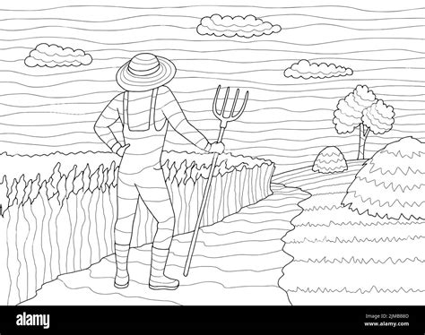 Dessin paysan graphique noir blanc paysage illustration vecteur Image Vectorielle Stock - Alamy