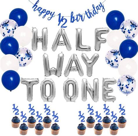 JOYMEMO Half Birthday Decorations Blue for Boys Half Year Happy 1/2 Birthday Banner Cake Topper ...