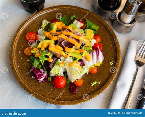 Tuna Salad with Vegetables and Anticucho Sauce Stock Image - Image of ...