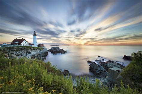 Portland Head Light, Cape Elizabeth, Maine, lighthouse, Gulf of Maine, coast, sunset, landscape ...