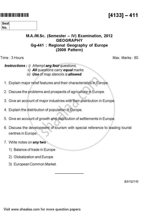 Regional Geography of Europe 2011-2012 MA Geography Semester 4 question paper with PDF download ...