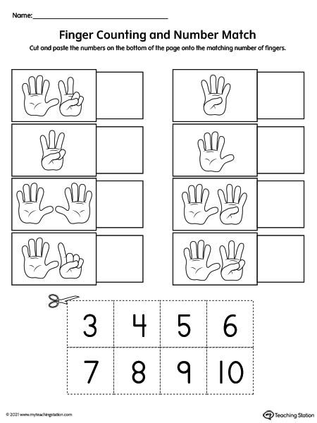 Finger Counting Number Match Cut and Paste Printable Worksheet | MyTeachingStation.com