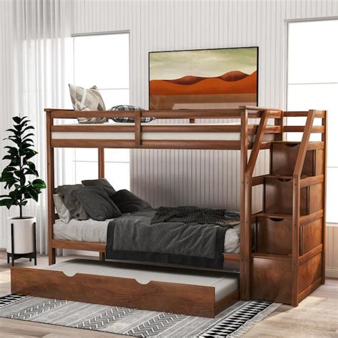 Harper & Bright Designs Walnut Twin Over Twin Wood Bunk Bed with Twin ...