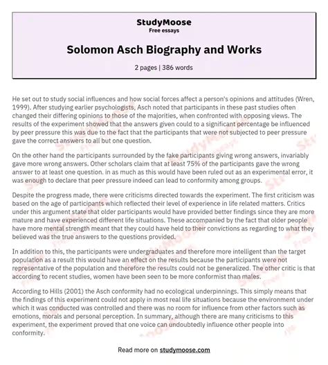 Solomon Asch Biography and Works Free Essay Example