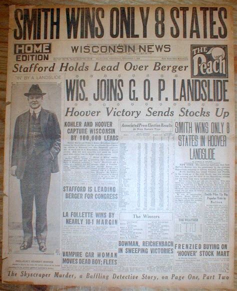 1928 newspaper Republican HERBERT HOOVER ELECTED PRESIDENT ovr Democrat AL SMITH | eBay