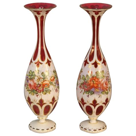 Antique Pair of Ruby Cranberry Overlay Bohemian Glass Vases For Sale at 1stDibs