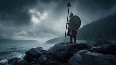 A 4K ultra hd wallpaper of a Viking warrior standing on the rocky shore of a misty fjord, with ...