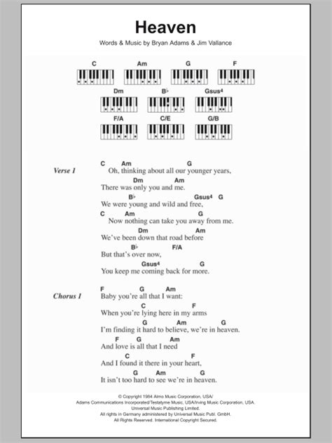 Heaven sheet music by Bryan Adams (Lyrics & Piano Chords – 106728)