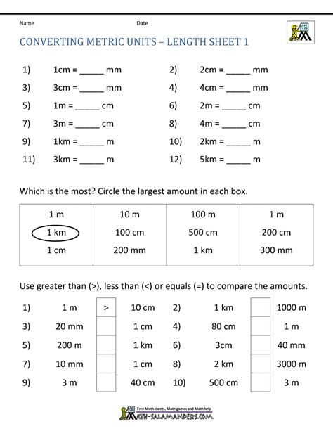 Printable Math Sheets - Converting Metric Units