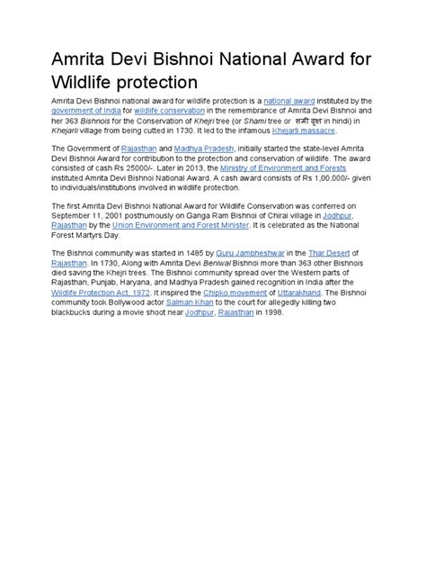 Amrita Devi Bishnoi National Award For Wildlife Protection PDF | PDF