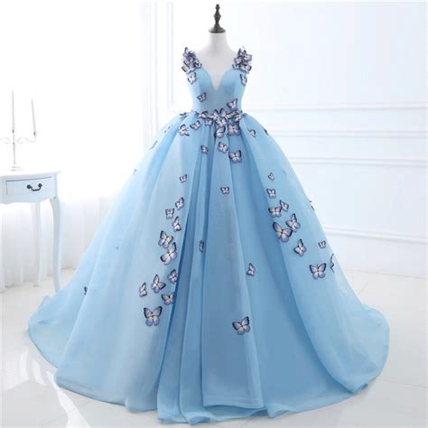 Prom Dress Light Blue V Neck Ball Gown Girls Party Dress