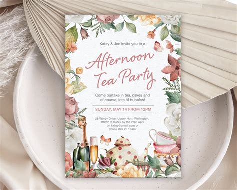 5 X 7 Afternoon Tea Party Invitation With Pretty Floral Border, Teapot ...