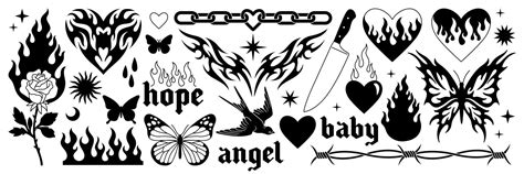 Tattoo art 1990s, 2000s. Y2k stickers. Butterfly, barbed wire, fire, flame, chain, heart ...