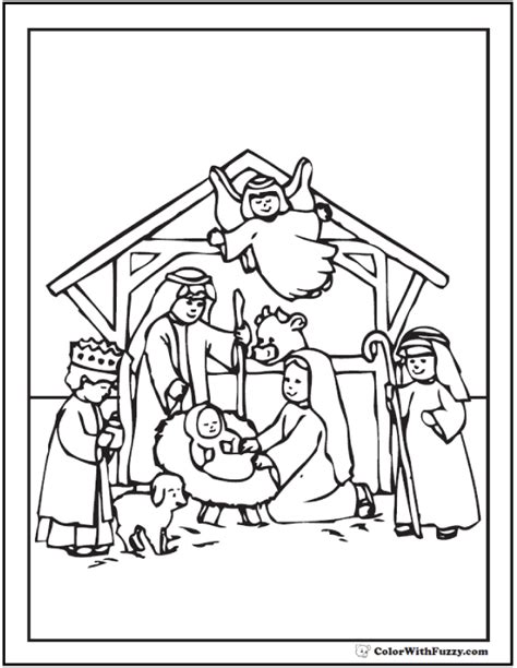 Nativity Scene Coloring Sheet: Angel And Holy Family