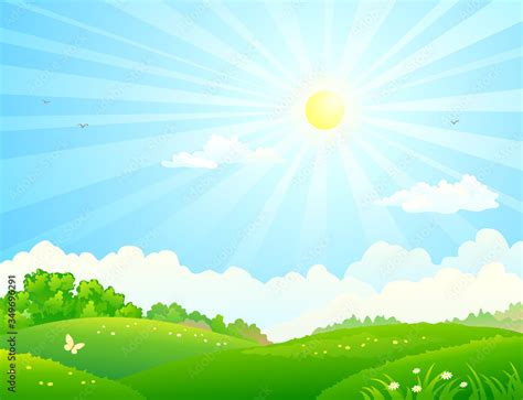 Vecteur Stock Vector cartoon illustration of green fields and sunny sky ...