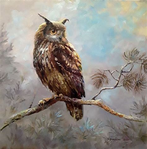 Great Owl on a Tree Branch at Dawn. Owl Oil Painting on Canvas, Made to ...