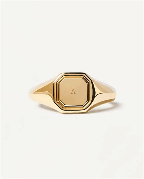 Engravable octagonal gold-plated signet ring | Octet Stamp Ring | PDPAOLA