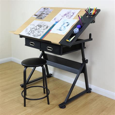 Adjustable Drawing Board Drafting Table With Stool Craft Architect Des ...