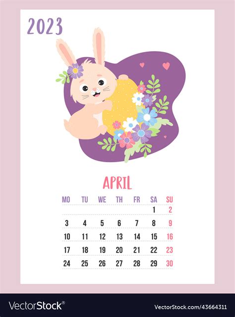 April 2023 calendar easter bunny with easter egg Vector Image