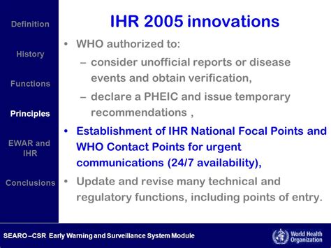 SEARO –CSR Early Warning and Surveillance System Module International Health Regulations and ...