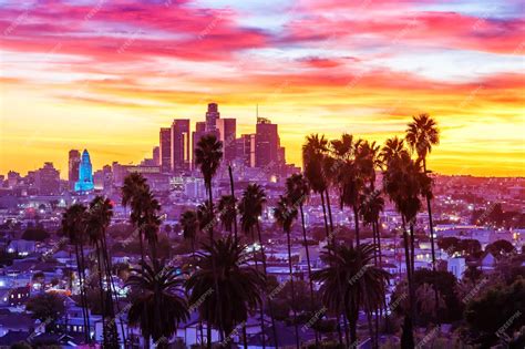 Premium Photo | View of downtown los angeles skyline with palm trees at ...