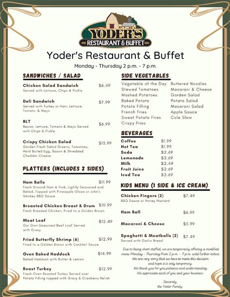 Menu at Yoder's Restaurant & Buffet, New Holland