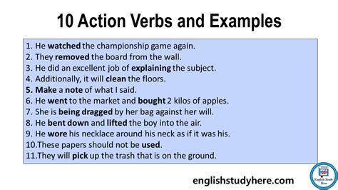 10 Action Verbs and Examples, Action Verbs Sentences in English ...