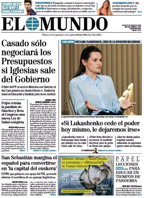 Las portadas de los periódicos del jueves 27 de agosto de 2020